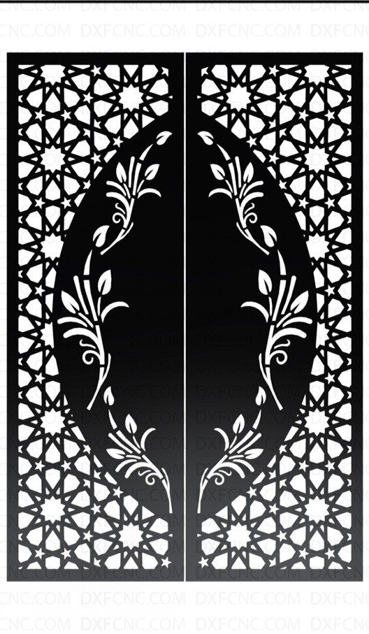 A contemporary double door design featuring geometric patterns inspired by Islamic art