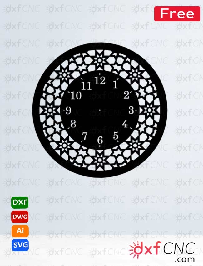 Large Metal Wall Clock Islamic design CNC laser Dxf Free Downloa