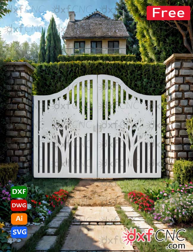 Laser Cut Modern Garden Gates: Free DXF cnc door Tree Design